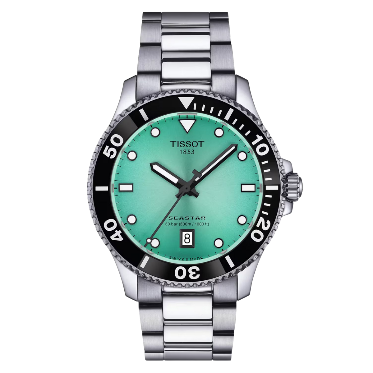 Tissot Seastar 1000 40mm, featuring a stainless steel case, turquoise dial, Swiss quartz movement and 300m water resistance.