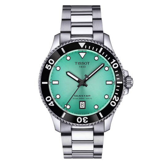 Tissot Seastar 1000 40mm, featuring a stainless steel case, turquoise dial, Swiss quartz movement and 300m water resistance.