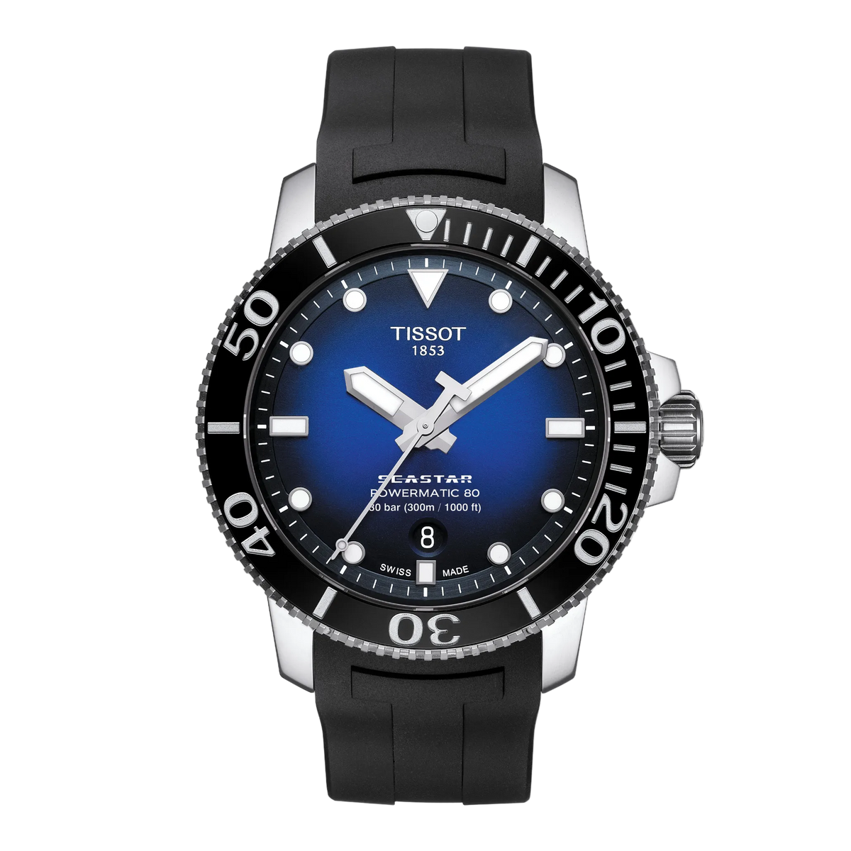 Tissot Seastar Blue Dial Watch featuring a bold gradient blue dial, black unidirectional diving bezel, and durable black rubber strap designed for sporty everyday and underwater performance