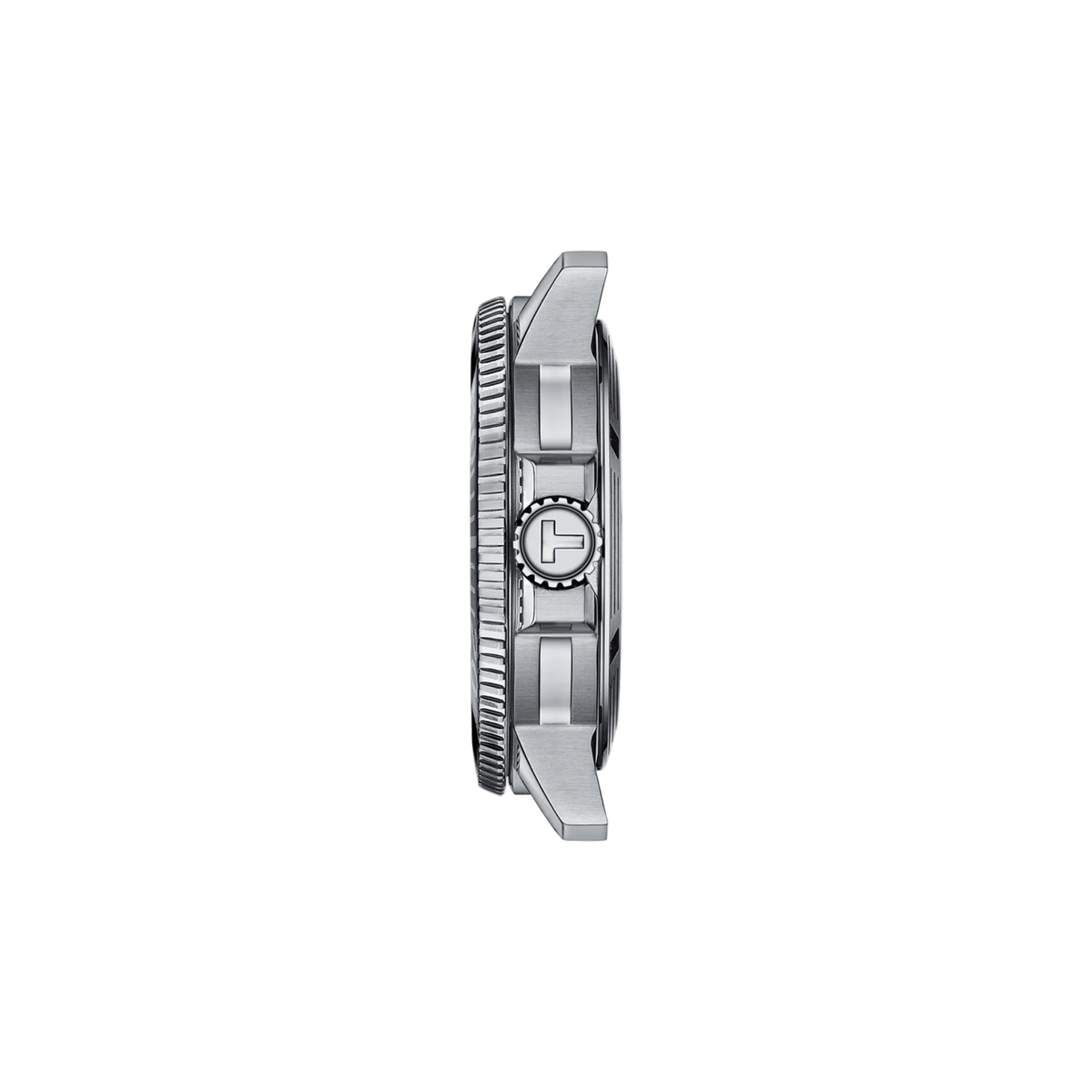 side profile image highlighting the stainless steel case construction, rotating dive bezel, screw-down crown protection, and textured detailing for enhanced grip and durability