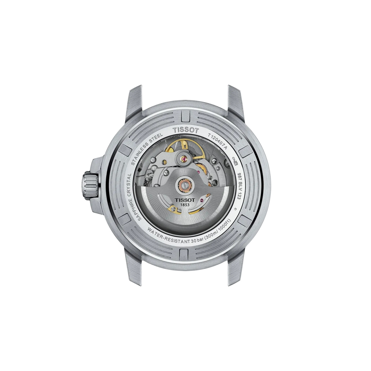 caseback image displaying the robust stainless steel build and water-resistant construction engineered for dependable dive-watch performance