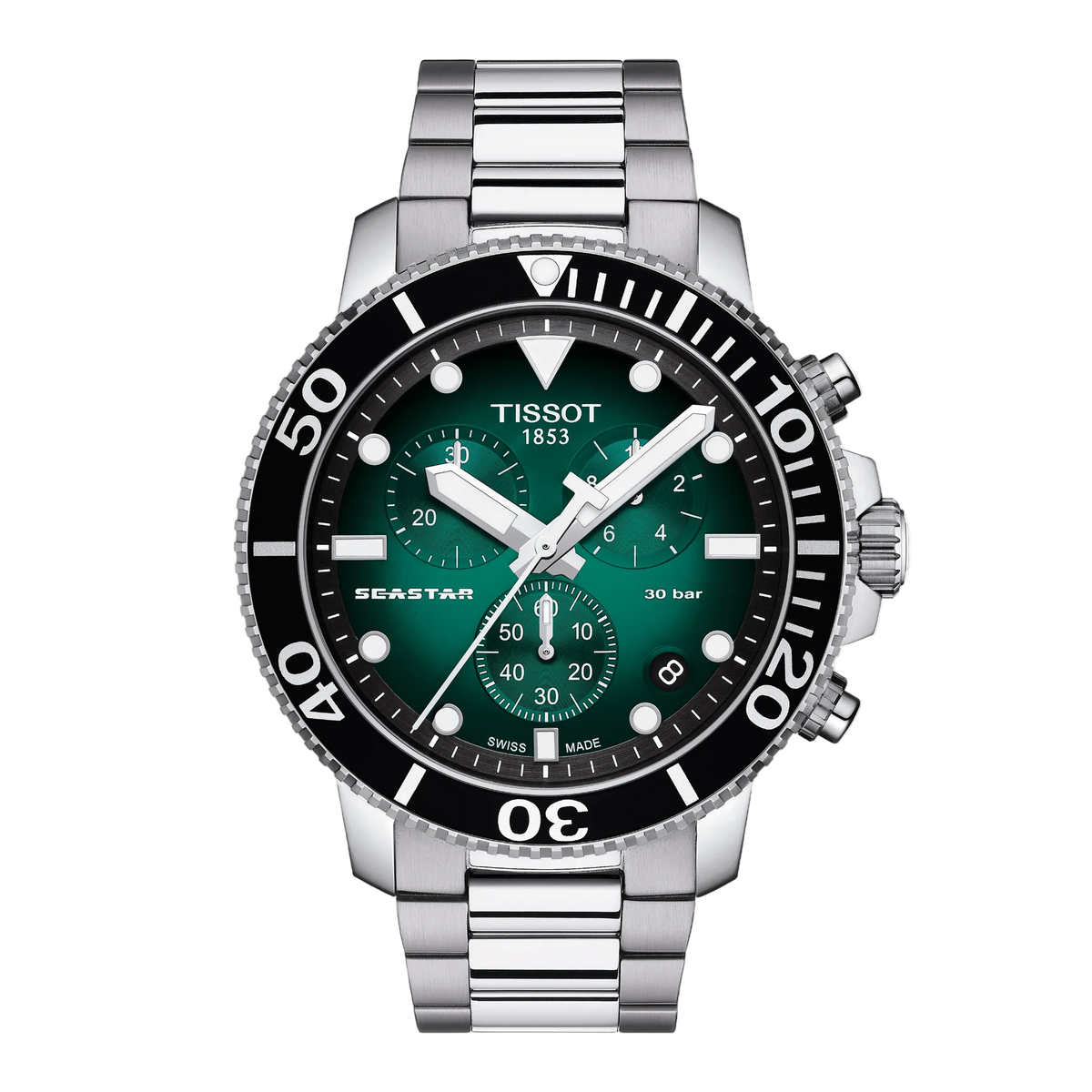 Tissot Seastar watch with green dial and silver bracelet on white background