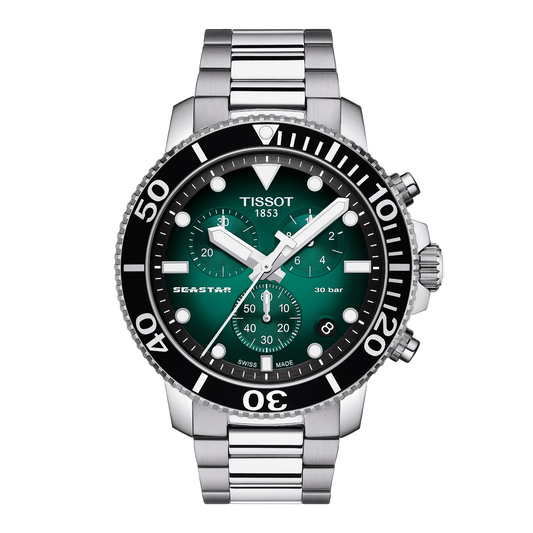 Tissot Seastar watch with green dial and silver bracelet on white background