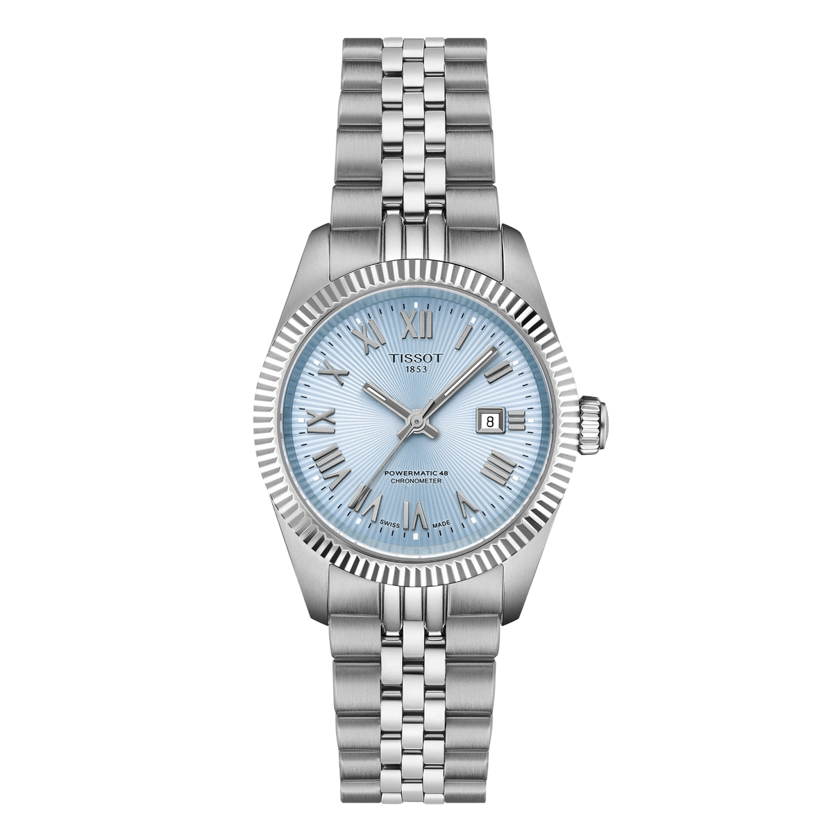 Tissot Ballade 30mm automatic watch with ice blue dial, Roman numeral markers, fluted bezel and stainless steel case.