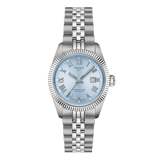 Tissot Ballade 30mm automatic watch with ice blue dial, Roman numeral markers, fluted bezel and stainless steel case.