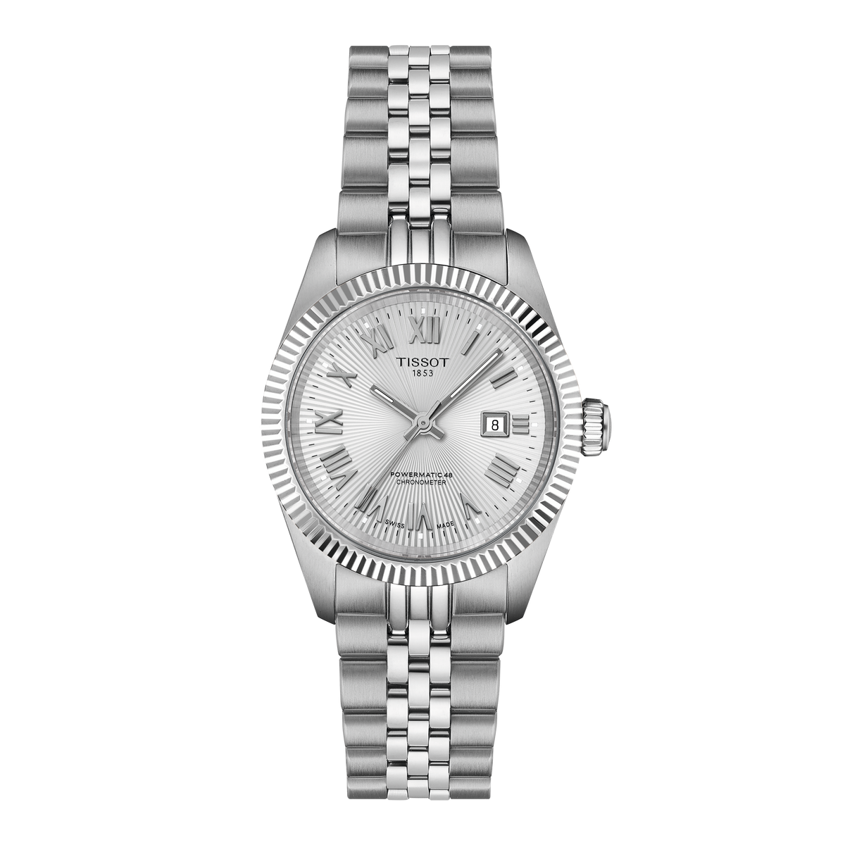 Tissot automatic stainless steel watch featuring a silver textured dial with engraved Roman numerals, fluted bezel detailing, and a date window at 3 o’clock, finished with a brushed and polished multi-link bracelet