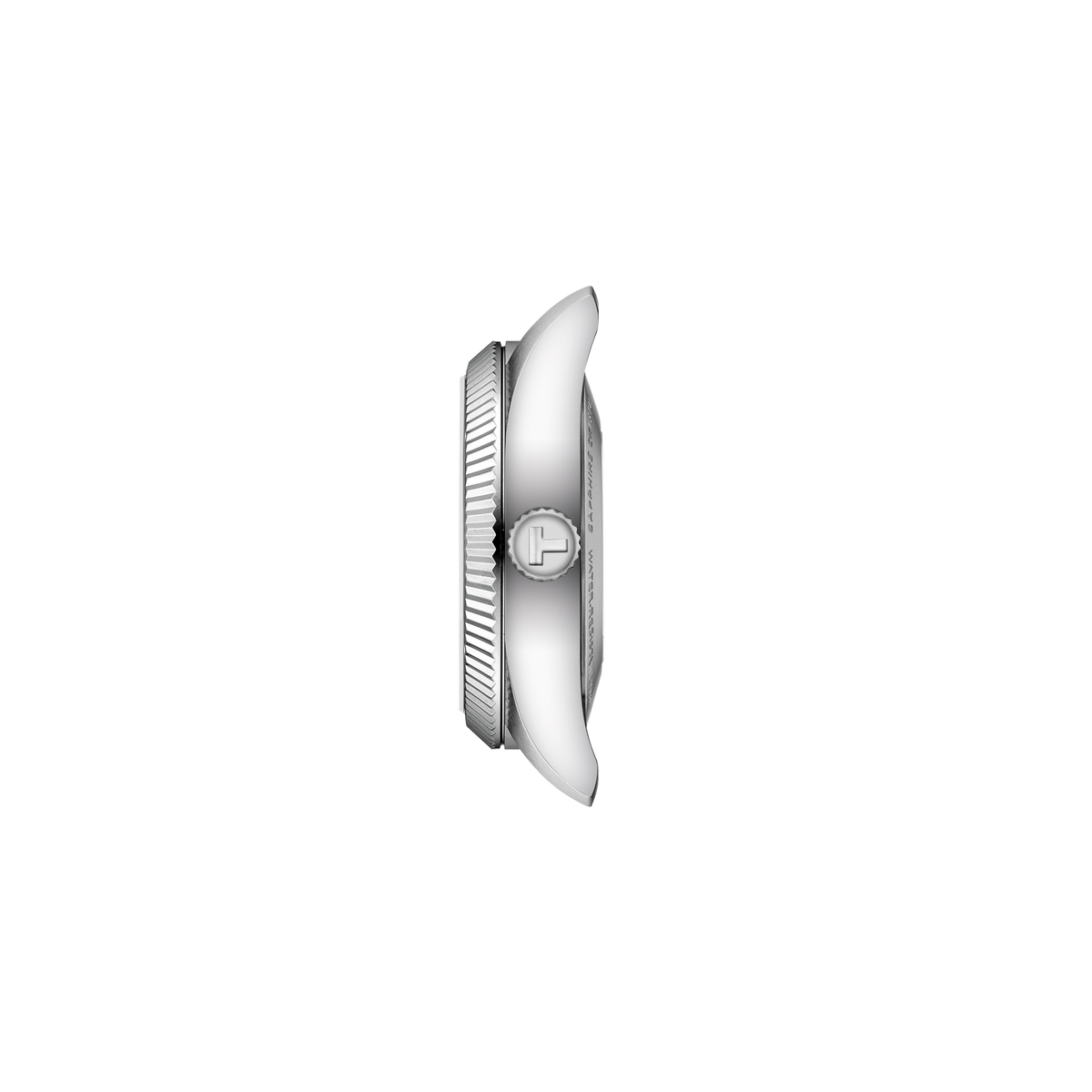 side profile of the case showcasing the slim automatic case construction, fluted bezel edge, and polished crown detailing