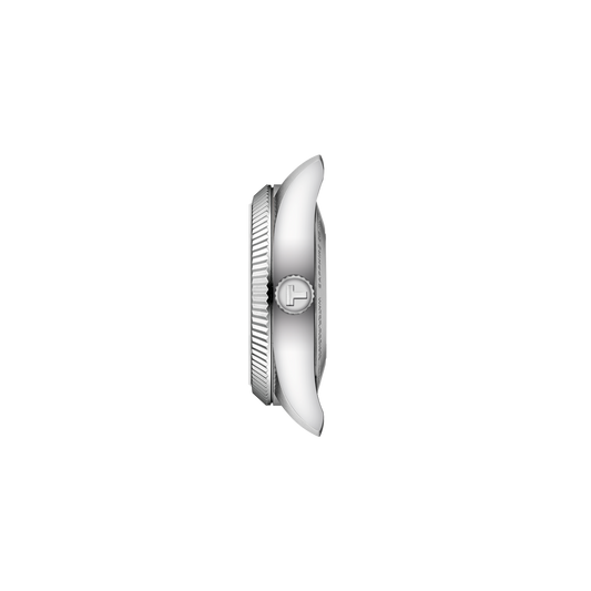 side profile of the case showcasing the slim automatic case construction, fluted bezel edge, and polished crown detailing