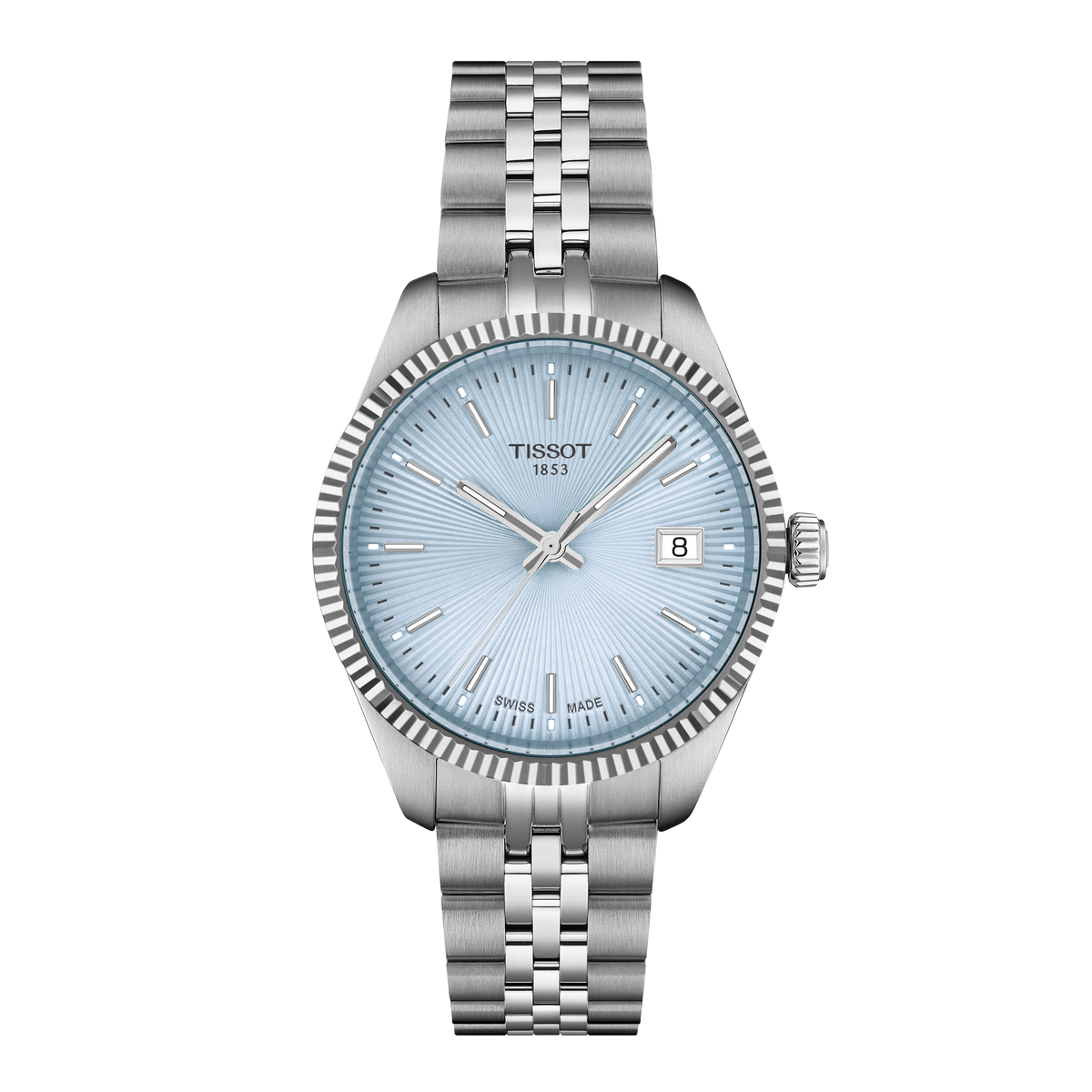 Tissot stainless steel watch featuring a light blue sunray dial, slim silver-tone baton hour markers, a fluted bezel, and a date window at 3 o’clock, finished with a brushed and polished multi-link bracelet