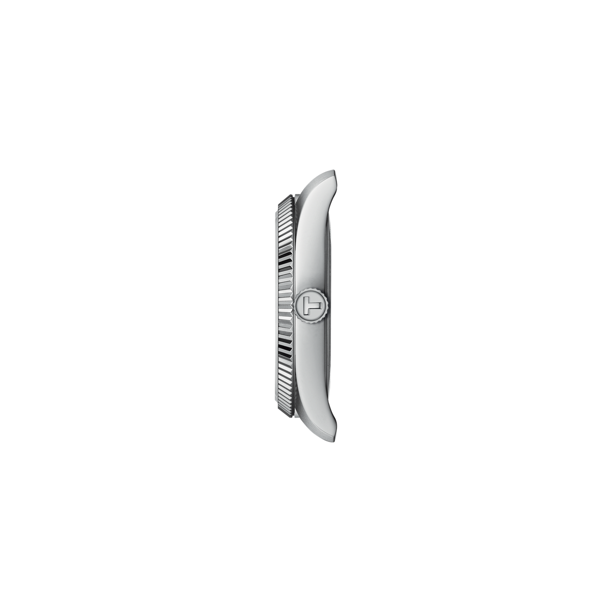side profile of the case highlighting the slim silhouette, fluted bezel detailing, and polished crown finish for a sophisticated look