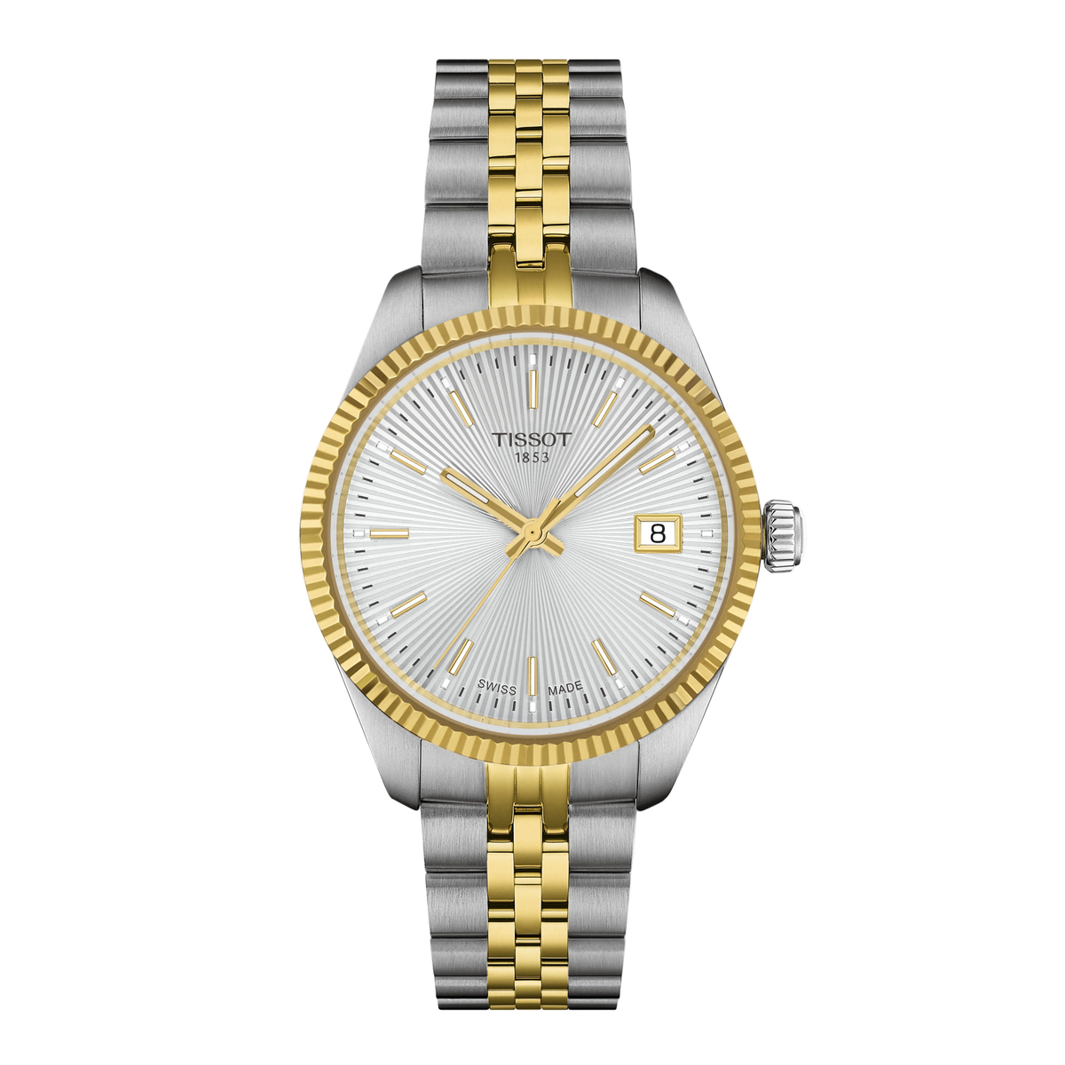 Silver and gold watch with Tissot logo on a white background
