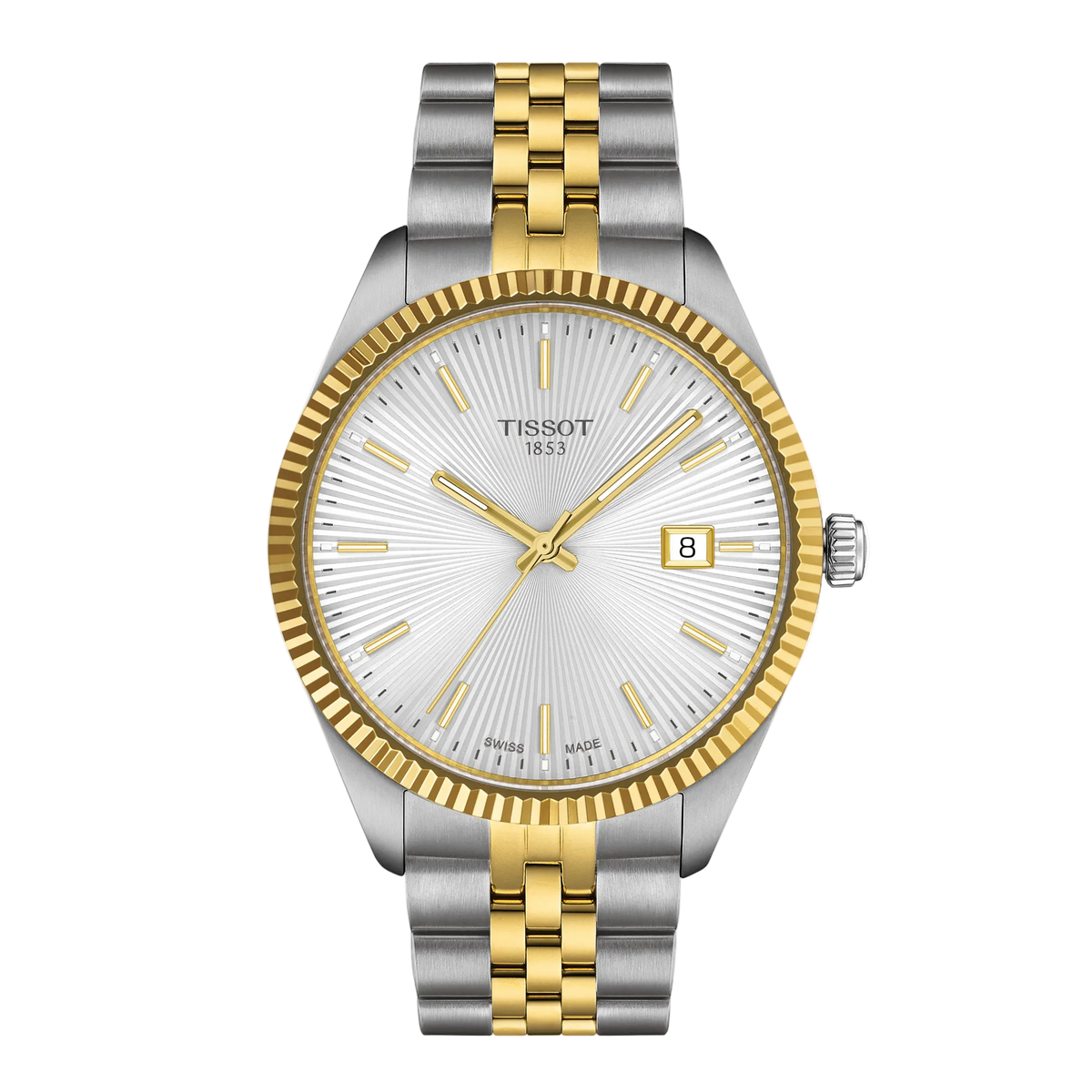 Tissot Silver Dial Watch featuring a radiant silver sunray dial, fluted gold-tone bezel, and elegant two-tone stainless steel bracelet with refined everyday styling