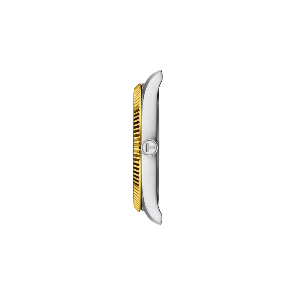 side profile image highlighting the slim stainless steel case, fluted gold-tone bezel, polished crown, and brushed finishing that create a refined elegant profile