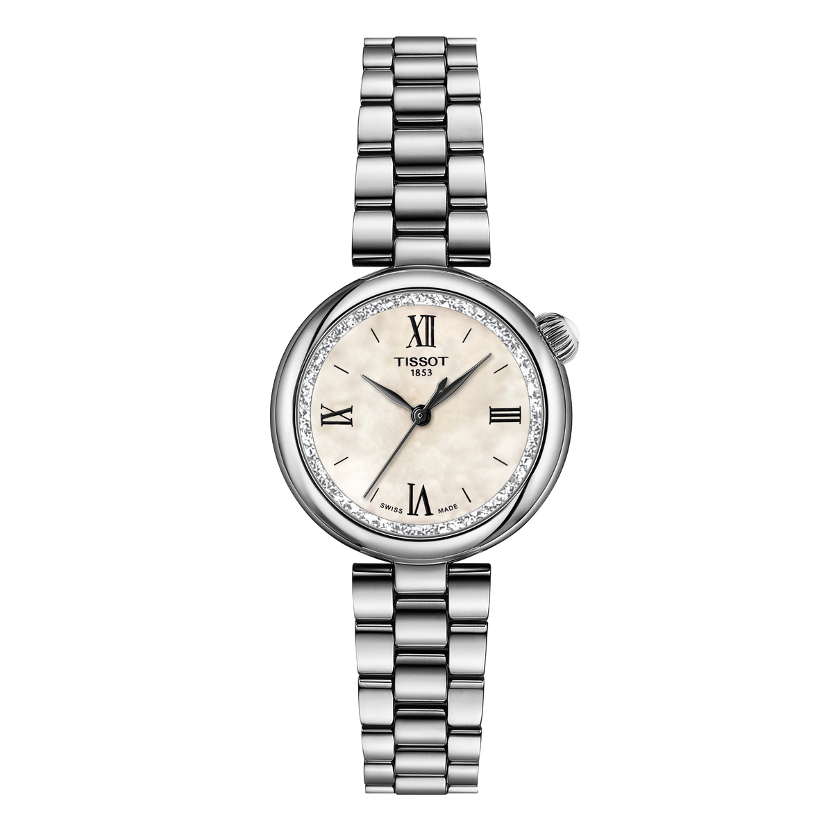 Tissot ladies’ stainless steel watch featuring a soft champagne-toned dial with classic Roman numerals, framed by a delicate diamond-set bezel and finished with a polished multi-link bracelet