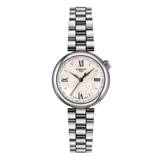 Tissot ladies’ stainless steel watch featuring a soft champagne-toned dial with classic Roman numerals, framed by a delicate diamond-set bezel and finished with a polished multi-link bracelet