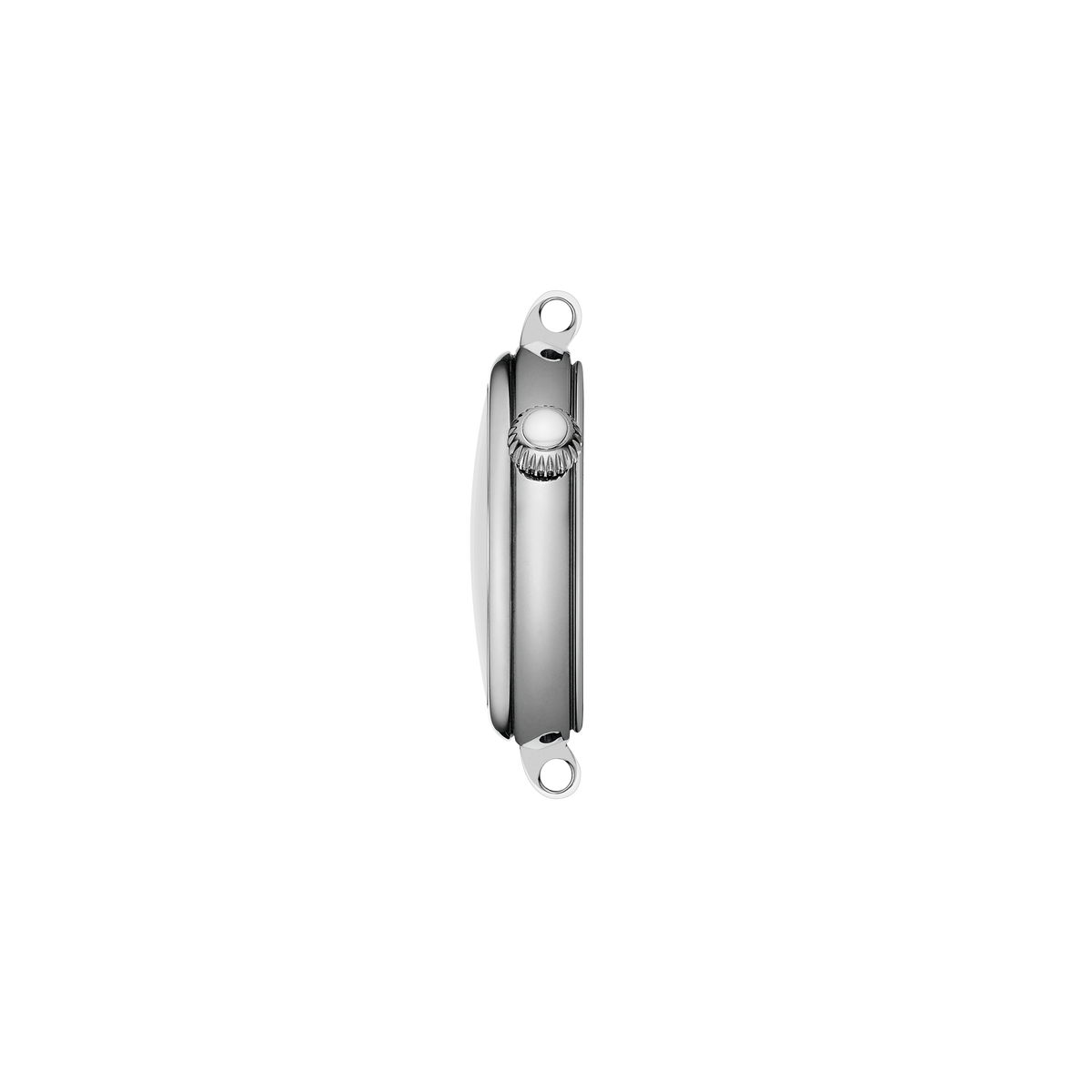 side profile of the case showcasing the gently curved silhouette, polished finish, and crown detailing that enhances its feminine design