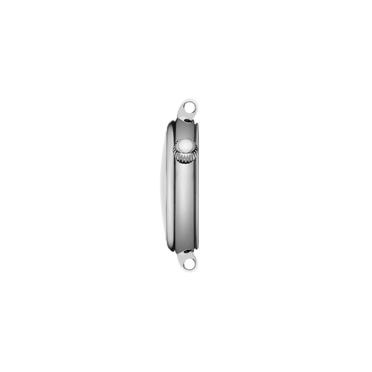 side profile of the case showcasing the gently curved silhouette, polished finish, and crown detailing that enhances its feminine design