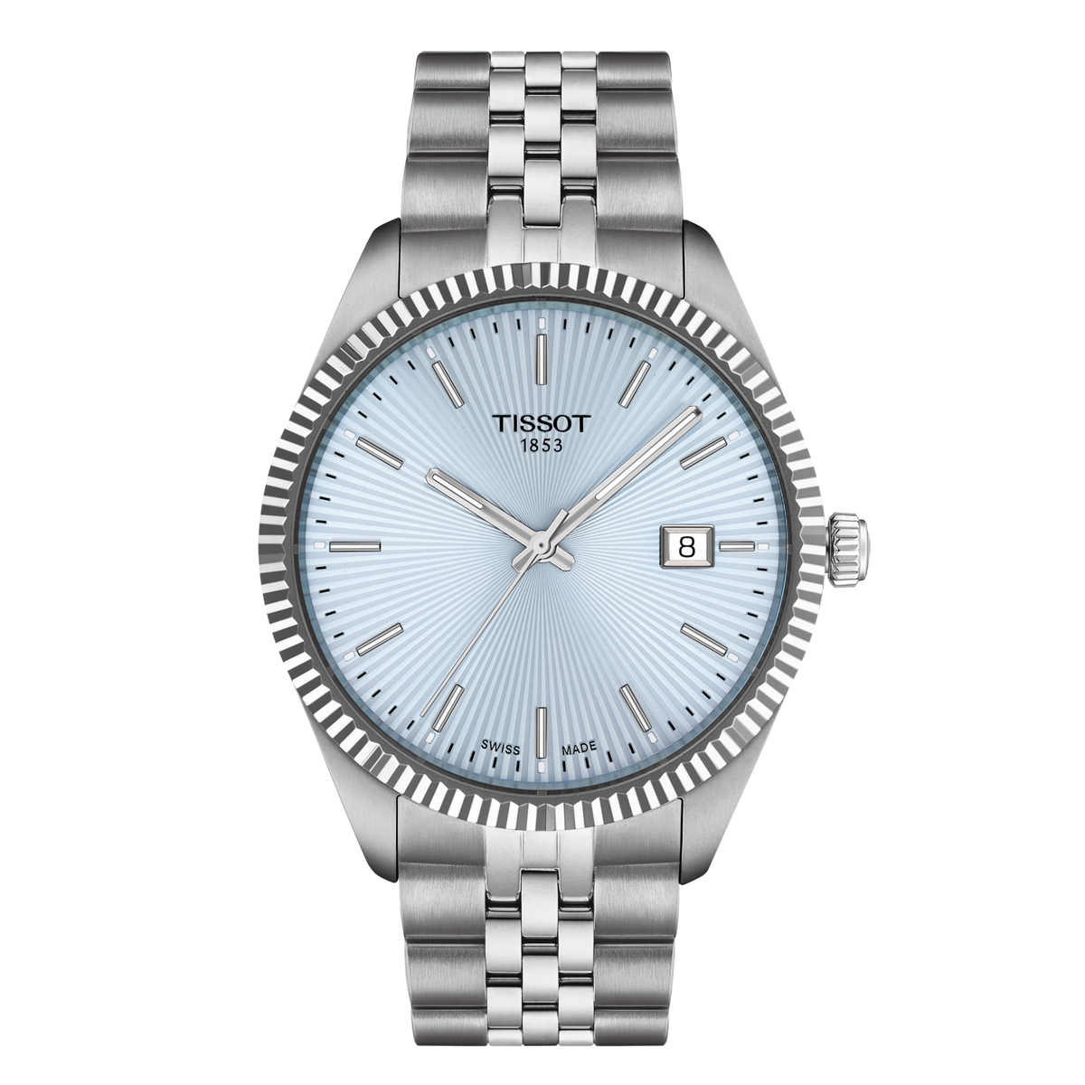 Tissot stainless steel watch featuring a light blue sunburst dial, slim baton hour markers, and a fluted bezel, paired with a polished and brushed steel bracelet for a refined everyday look