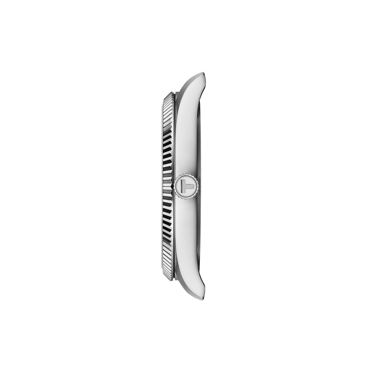 side profile of the case highlighting the fluted bezel, slim case thickness, and neatly integrated crown for a streamlined silhouette