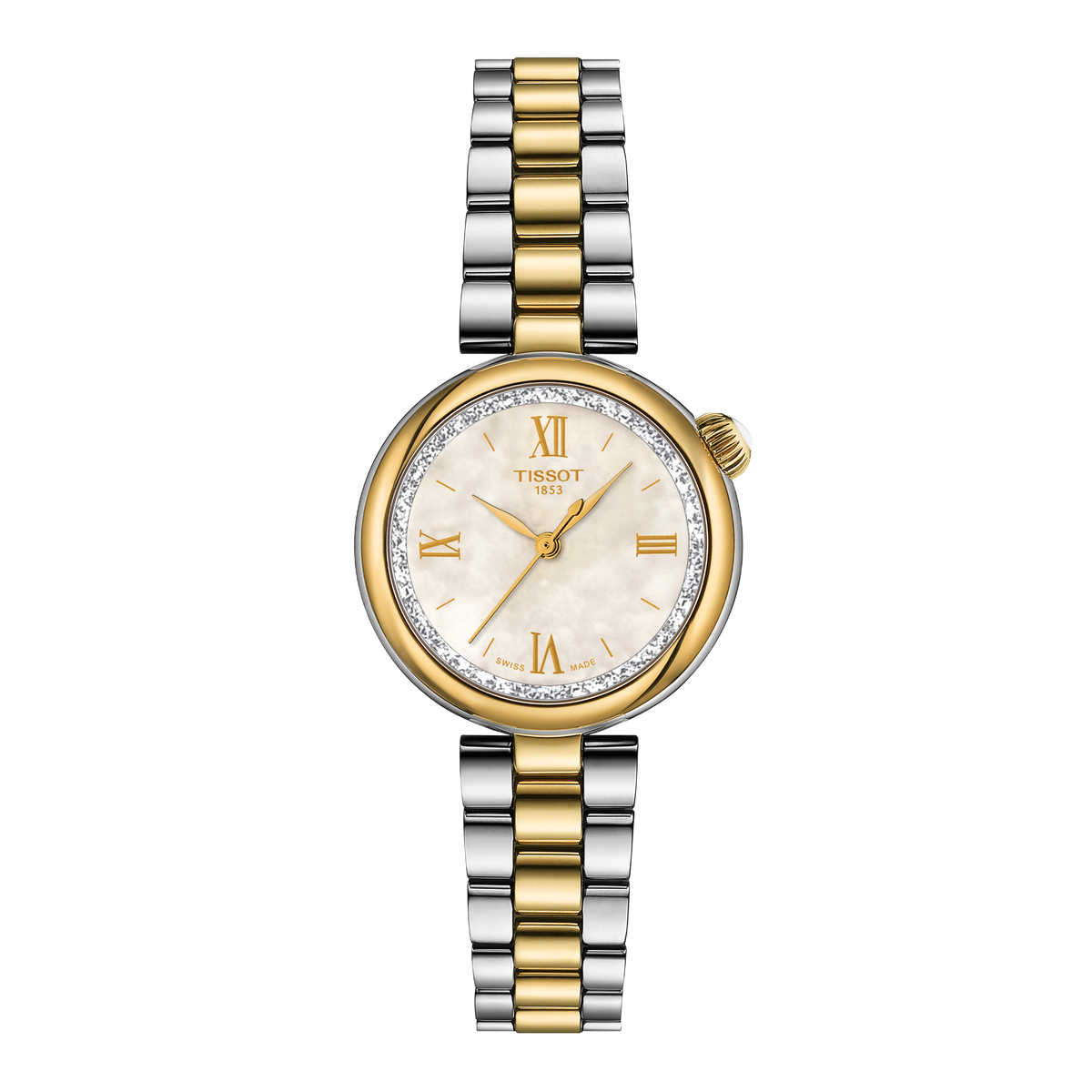 Tissot two-tone stainless steel watch featuring a soft mother-of-pearl dial, elegant Roman numeral hour markers, and a slim gold-tone bezel set with sparkling accents, paired with a polished steel and gold bracelet for a refined finish
