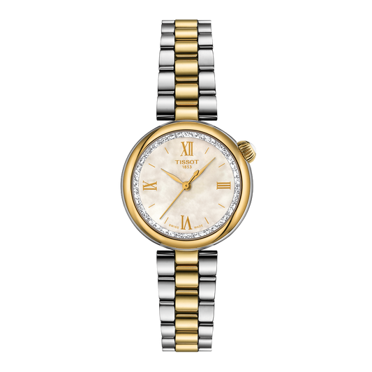 Tissot two-tone stainless steel watch featuring a soft mother-of-pearl dial, elegant Roman numeral hour markers, and a slim gold-tone bezel set with sparkling accents, paired with a polished steel and gold bracelet for a refined finish
