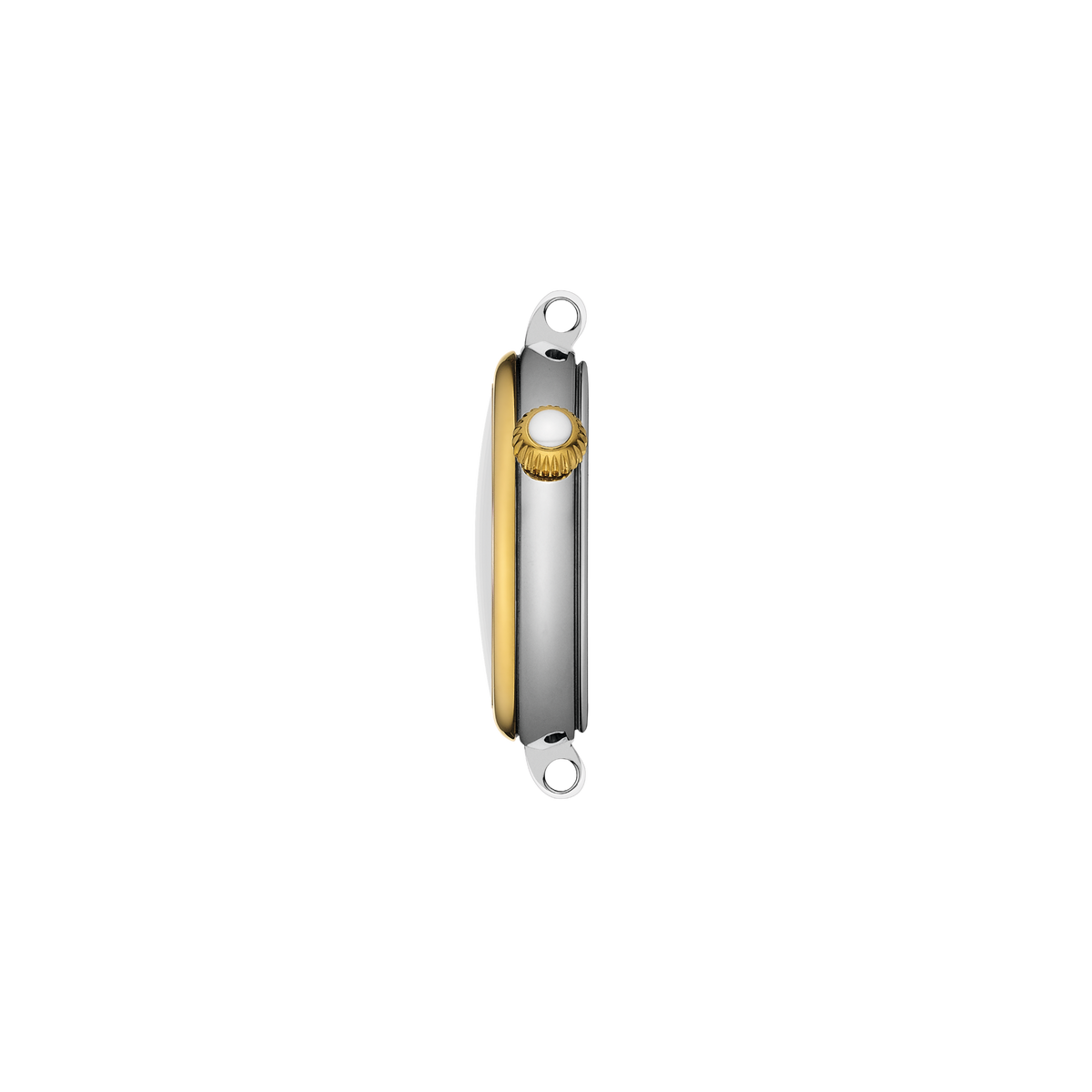 side profile of the case showcasing the slim silhouette, polished gold-tone bezel, and neatly shaped crown for an elegant, understated presence