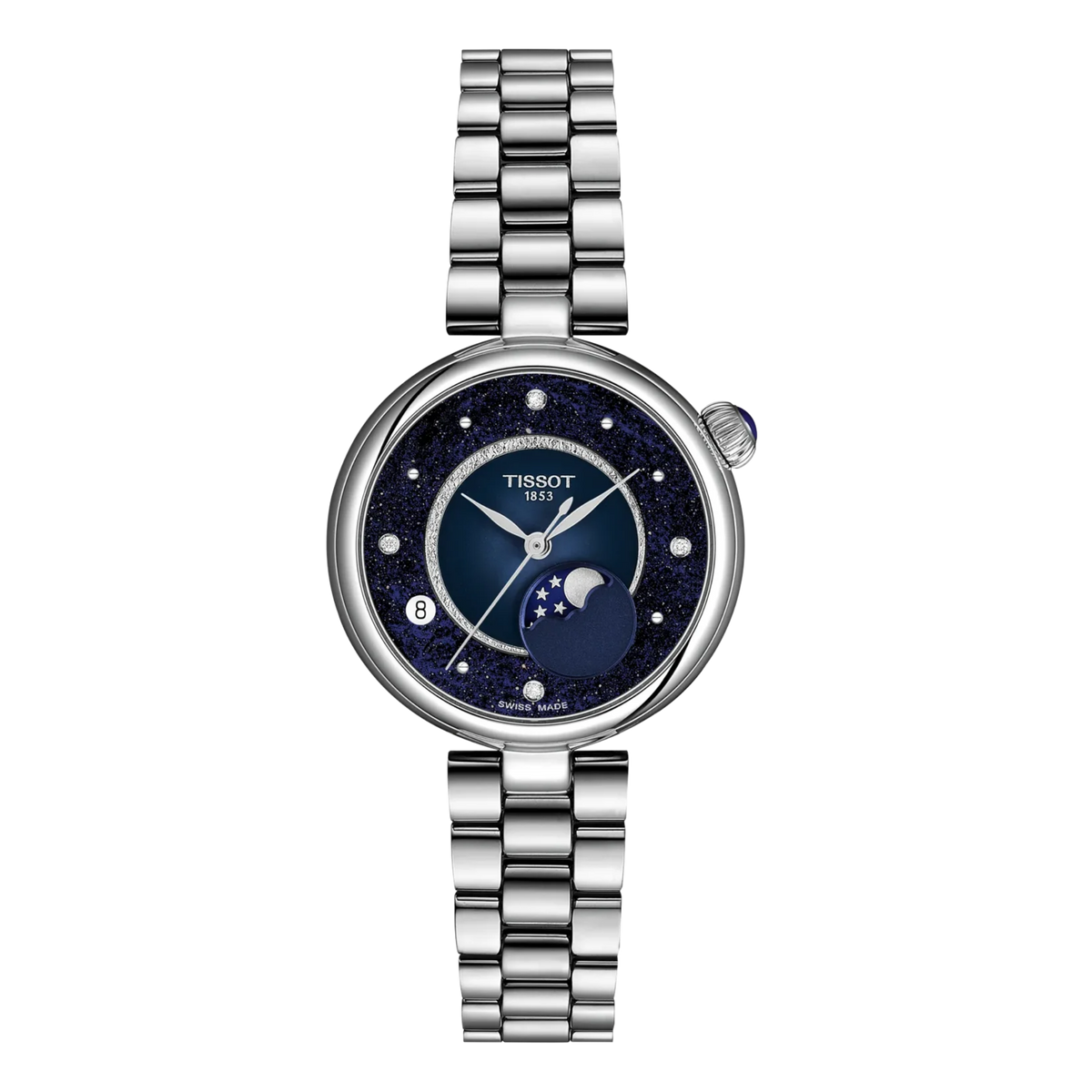 Tissot Désir 29.6mm moonphase watch with blue dial and stainless steel bracelet.