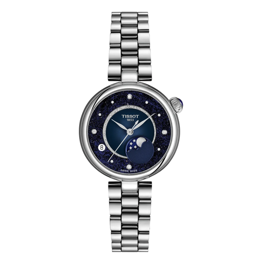Tissot Désir 29.6mm moonphase watch with blue dial and stainless steel bracelet.