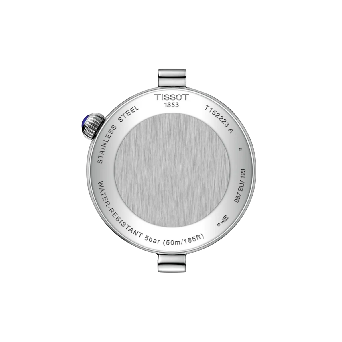 Back of the stainless steel Tissot Désir wristwatch with moonphase complication and diamond indexes.