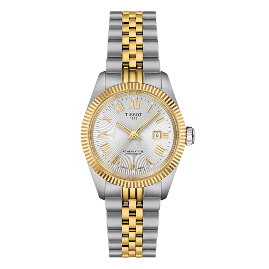  Tissot Ballade 30mm, featuring a silver dial, yellow gold PVD detailing and COSC-certified Powermatic 48 automatic movement.