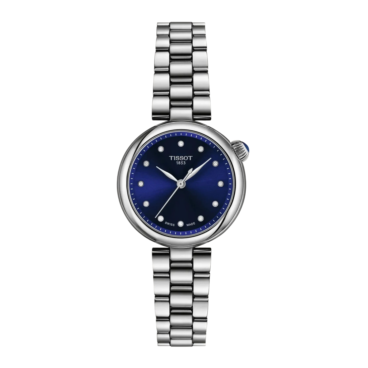 Tissot Desir combining a refined 28mm stainless steel case with a blue diamond-set dial, sapphire crystal and precise Swiss quartz movement.