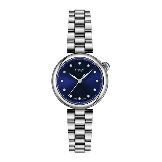 Tissot Desir combining a refined 28mm stainless steel case with a blue diamond-set dial, sapphire crystal and precise Swiss quartz movement.