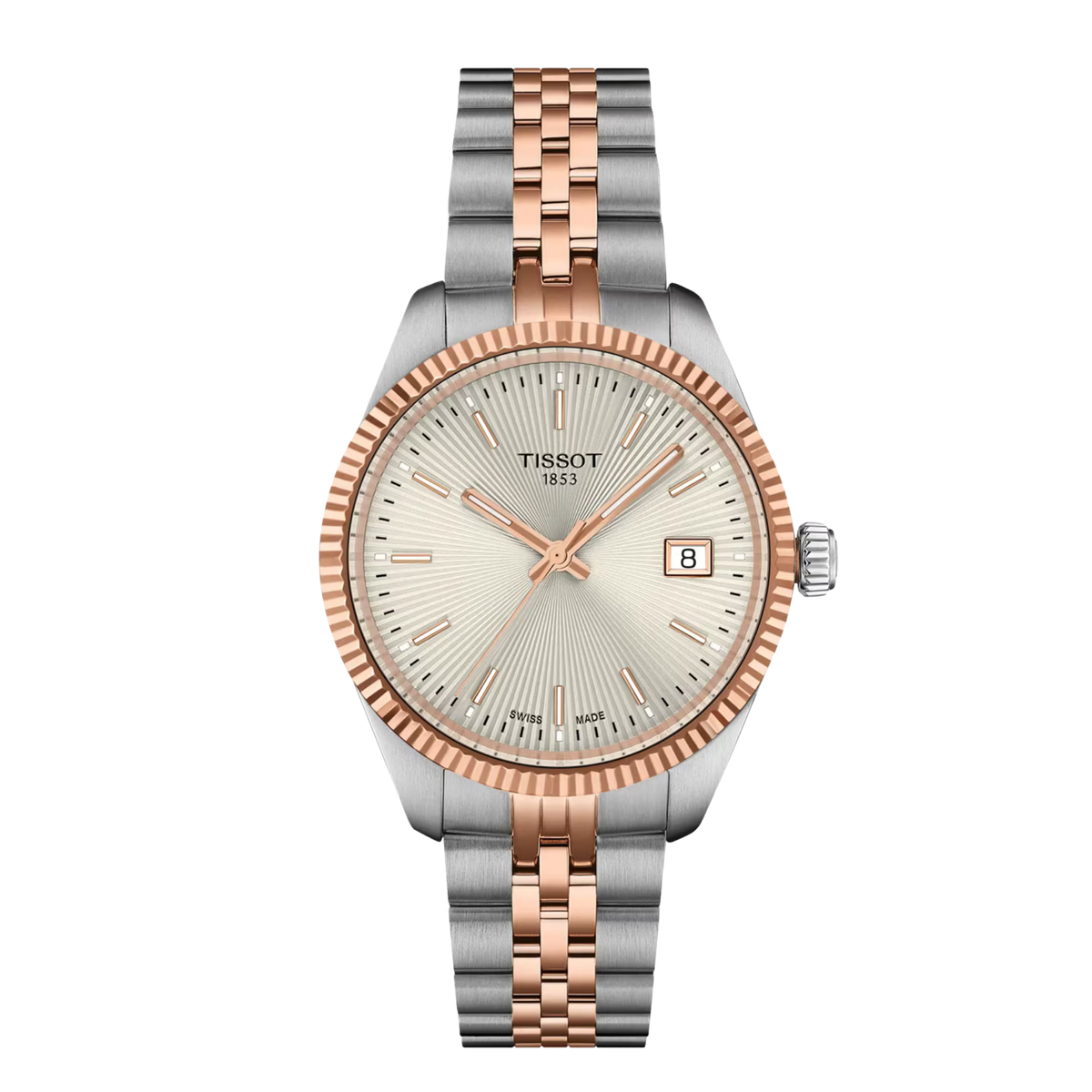 The silver dial features a traditional guilloché pattern with radiating sunbeam detailing, complemented by rose gold-tone index hour markers and hands. 