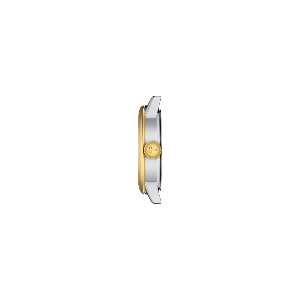 side profile of the case showcasing the slim build, polished gold-tone bezel, and neatly integrated crown for a timeless silhouette