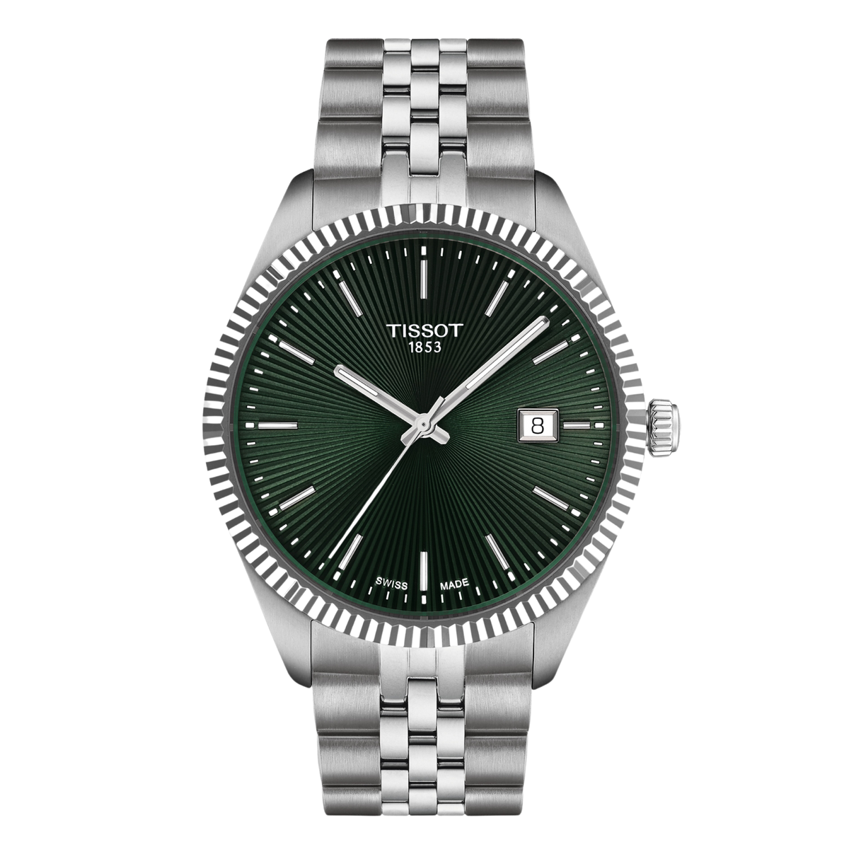 Tissot Green Dial Watch with a striking sunray-textured dial, fluted bezel detailing, and a stainless steel bracelet that blends classic elegance with contemporary styling