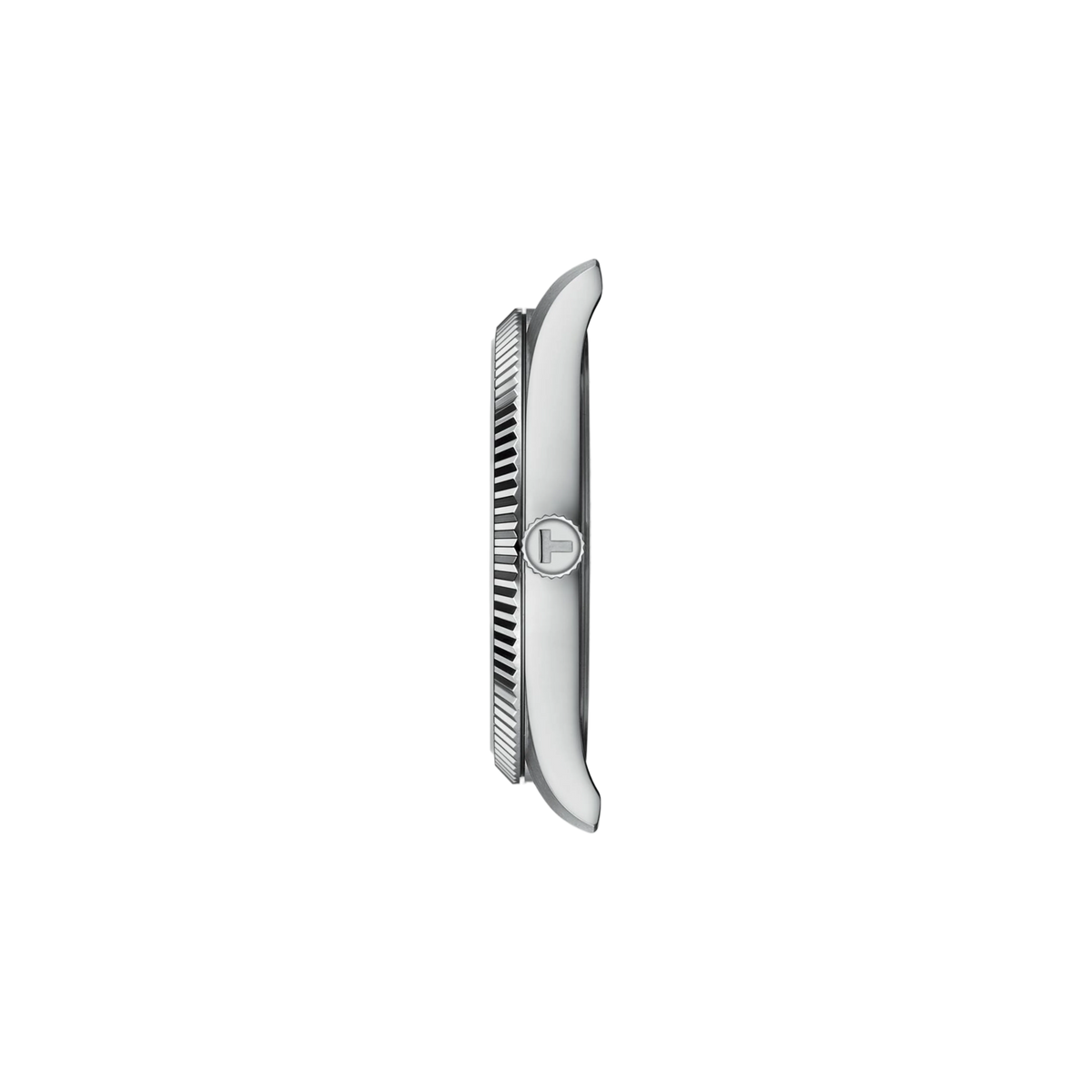 side profile of the stainless steel case showcasing the polished bezel edges, slim silhouette, and detailed crown design that enhance the watch’s refined appearance