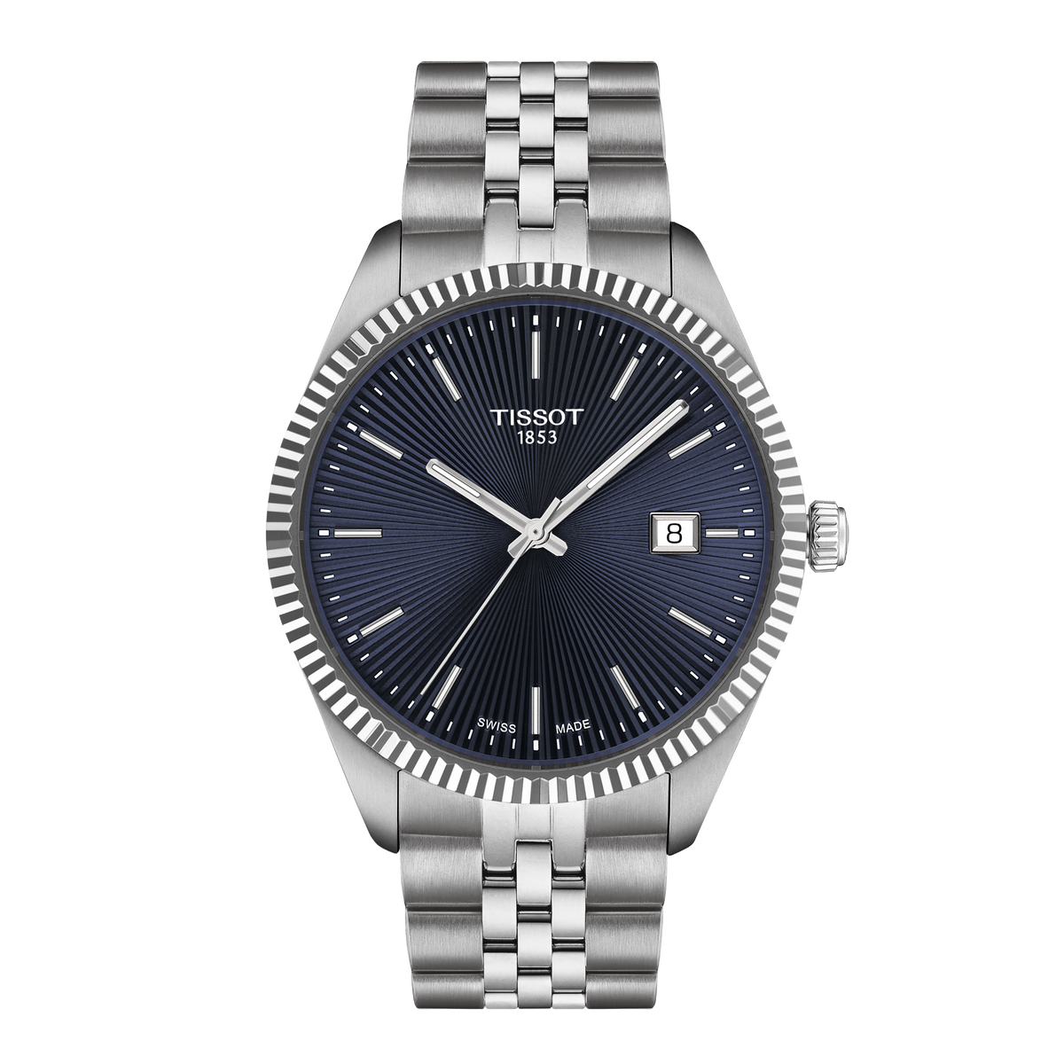 Blue guilloché dial on the Tissot Ballade 40mm with stainless steel bracelet.
