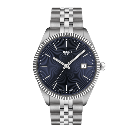 Blue guilloché dial on the Tissot Ballade 40mm with stainless steel bracelet.