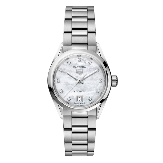 TAG Heuer Carrera Date 29mm automatic watch with mother-of-pearl diamond dial and diamond-set steel bezel
