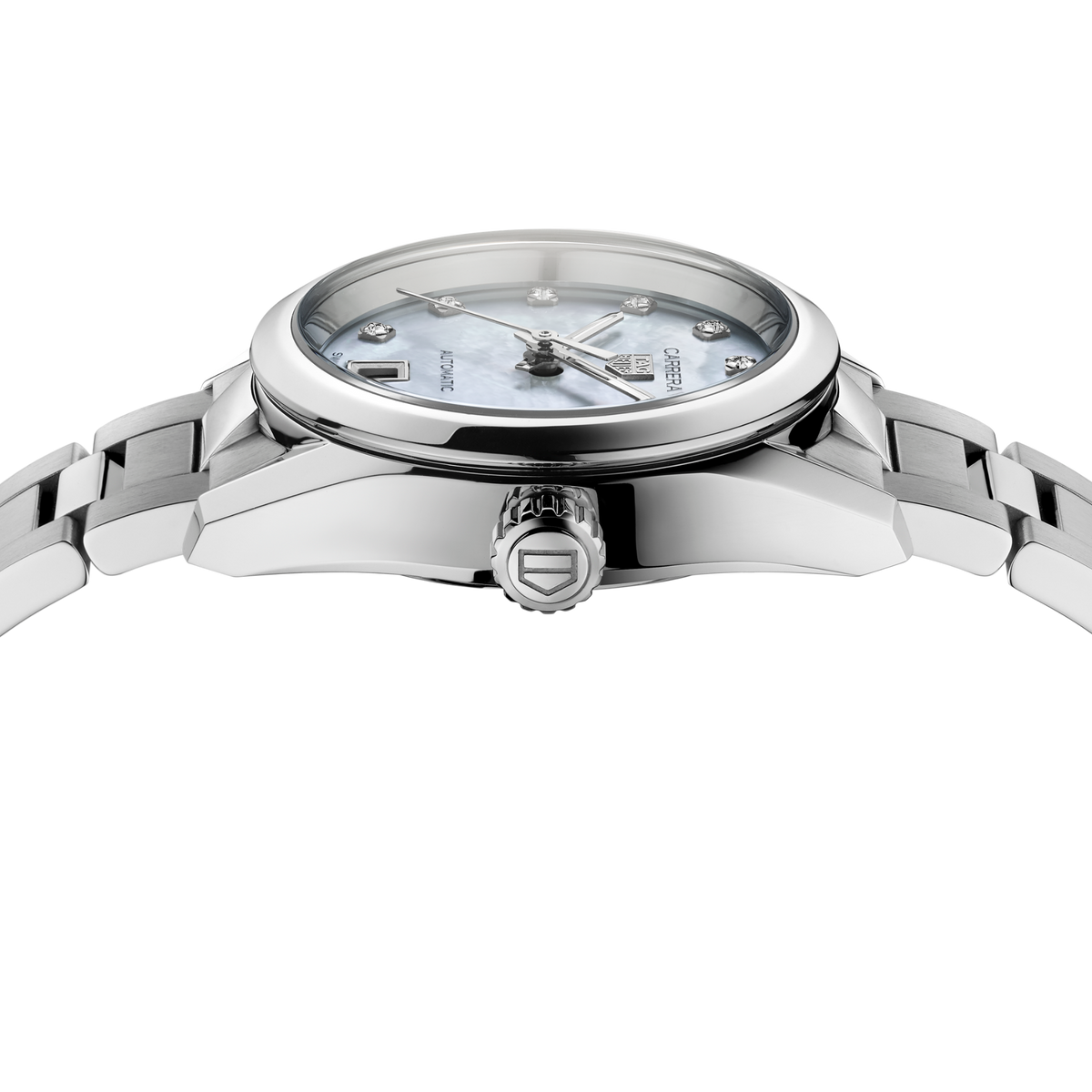 TAG Heuer Carrera women’s automatic watch with diamond-set bezel, diamond hour markers and mother-of-pearl dial