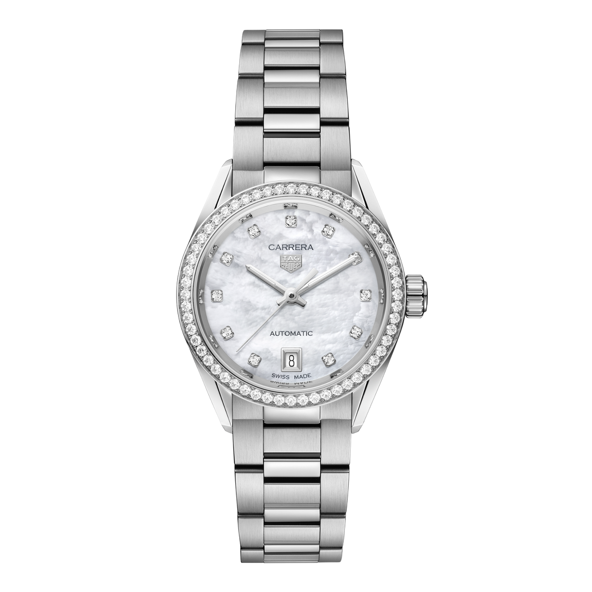 TAG Heuer Carrera watch with white mother-of-pearl dial, diamond hour markers, diamond-set bezel and stainless steel bracelet