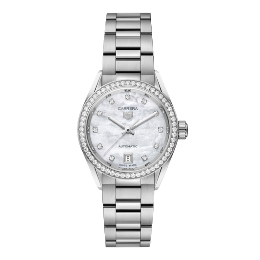 TAG Heuer Carrera watch with white mother-of-pearl dial, diamond hour markers, diamond-set bezel and stainless steel bracelet