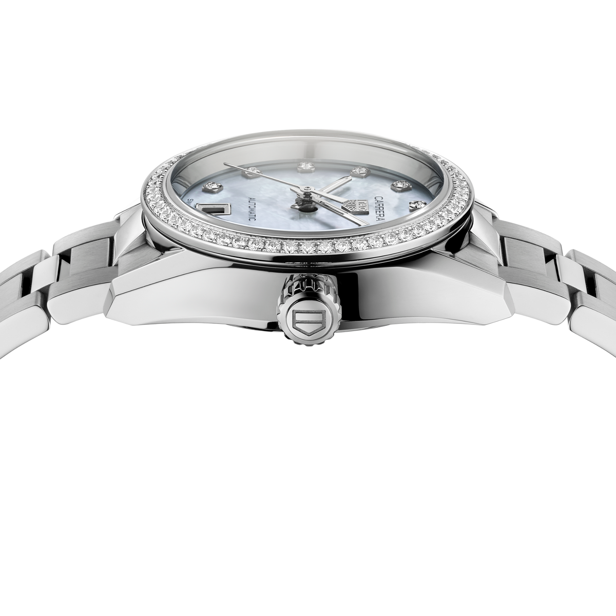 full view of the Carrera highlighting the polished case, diamond-set bezel and brushed stainless steel bracelet