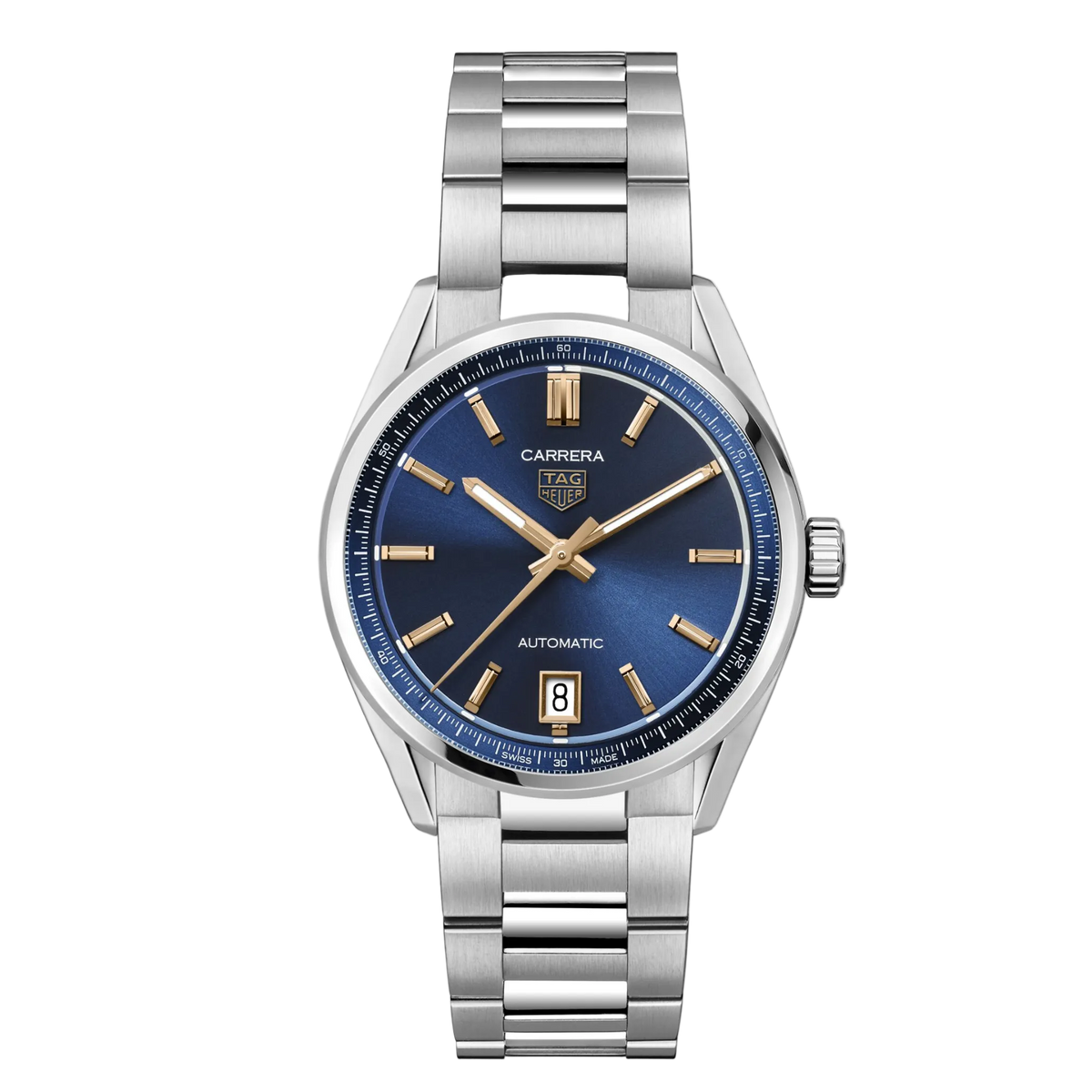 TAG Heuer Carrera watch with deep blue sunray dial, gold-tone hour markers and hands, and stainless steel bracelet