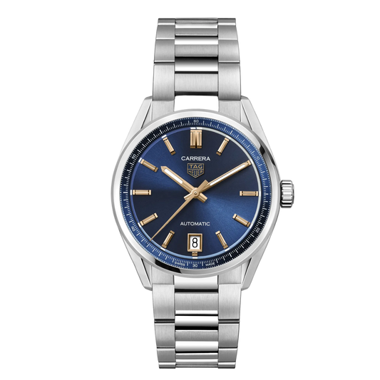 TAG Heuer Carrera watch with deep blue sunray dial, gold-tone hour markers and hands, and stainless steel bracelet