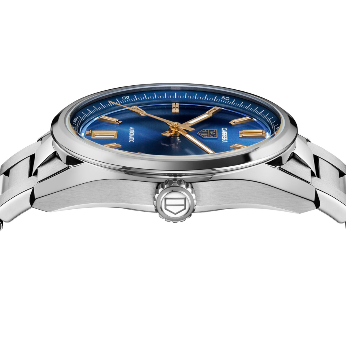 detailed view of the smooth polished bezel and refined case edges, emphasising the watch’s classic, dress-inspired design