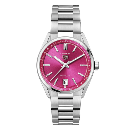 TAG Heuer Carrera watch with vibrant pink sunray dial, polished hour markers and hands, and stainless steel bracelet