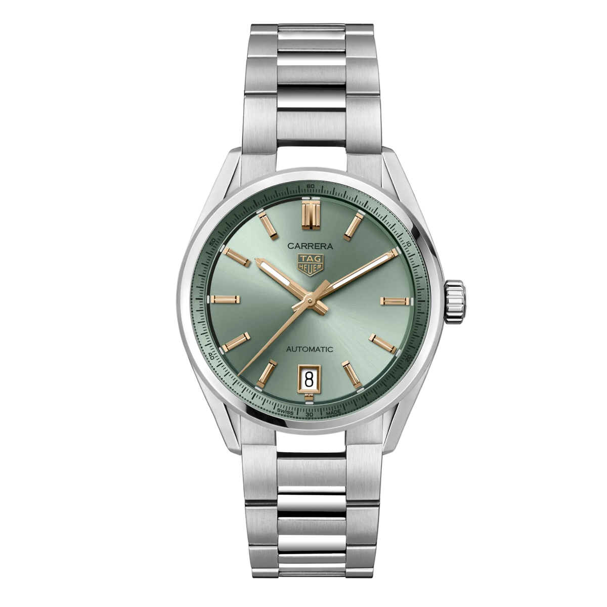 TAG Heuer Carrera watch with soft green sunray dial, gold-tone hour markers and hands, and stainless steel bracelet