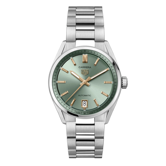 TAG Heuer Carrera watch with soft green sunray dial, gold-tone hour markers and hands, and stainless steel bracelet