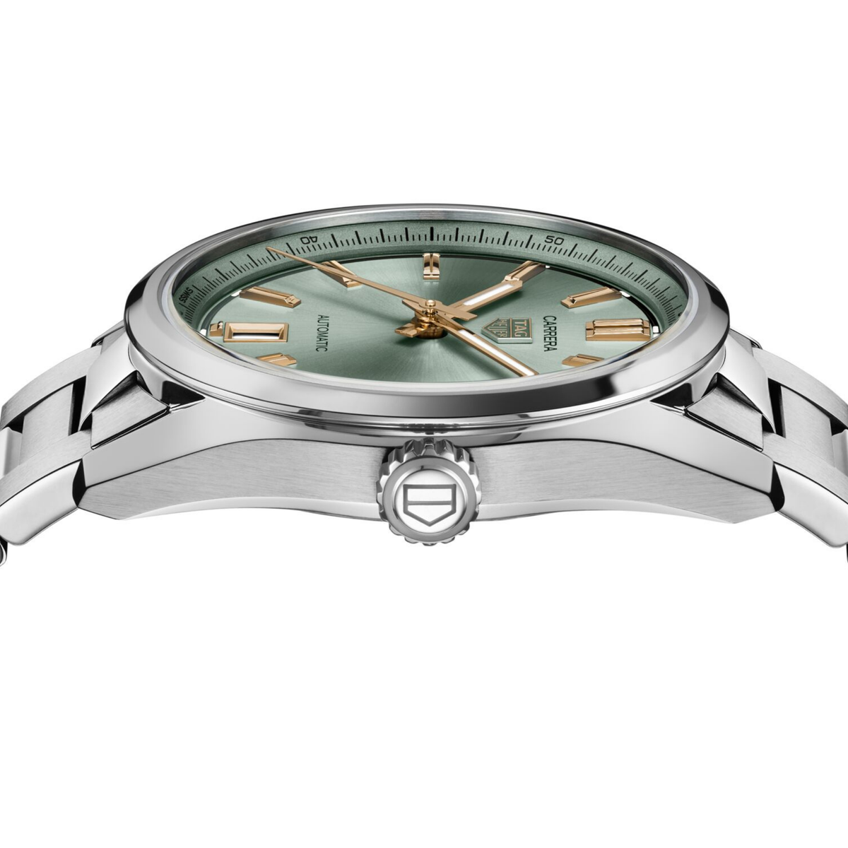 full view of the Carrera highlighting the slim polished bezel, refined case shape and brushed stainless steel bracelet